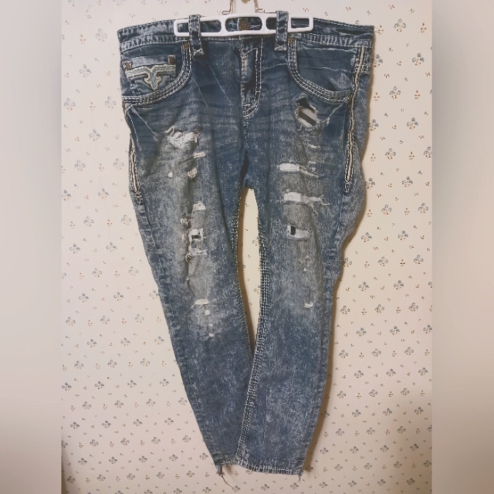 ROCK REVIVAL Ledford Straight mens ice blue distressed jeans Size 38